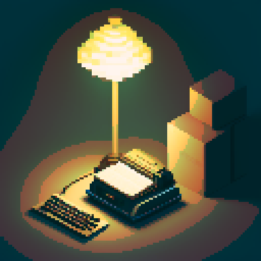 person with glasses, typing on a vintage typewriter, surrounded by stacks of colorful paper, under the warm glow of a desk lamp