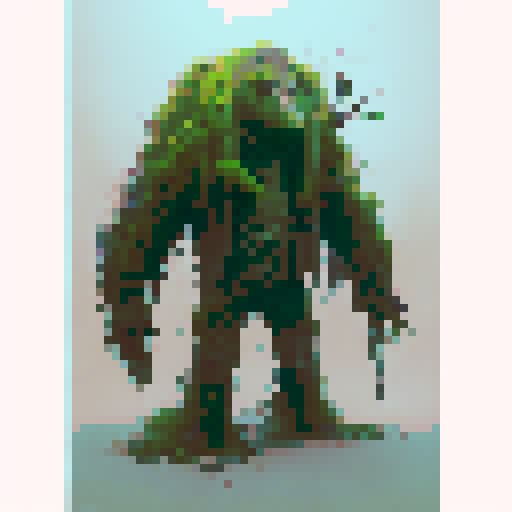 swamp monster made of moss and vines with twigs sticking out, and a dark face with red eyes