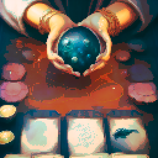 A close-up of a woman's hands over a table during a tarot card reading in a medieval dark style. The table is adorned with elements of the ocean such as sea shells, sand, and small pieces of coral. The atmosphere is mystical and dimly lit, with candlelight casting shadows that enhance the eerie and magical mood. The woman's hands are gracefully poised over the cards, which also have oceanic designs like waves and mermaids.