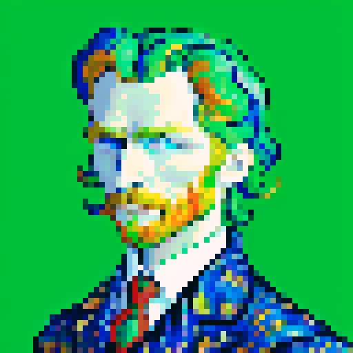 Gucci Van Gogh, exuding cryptocurrency riches, pixelated in sRGB, flaunting Gucci fashion blended with digital and crypto elements, surrounded by bitcoins, ethereum coins, digital ledgers, exuding confidence and success in the digital age