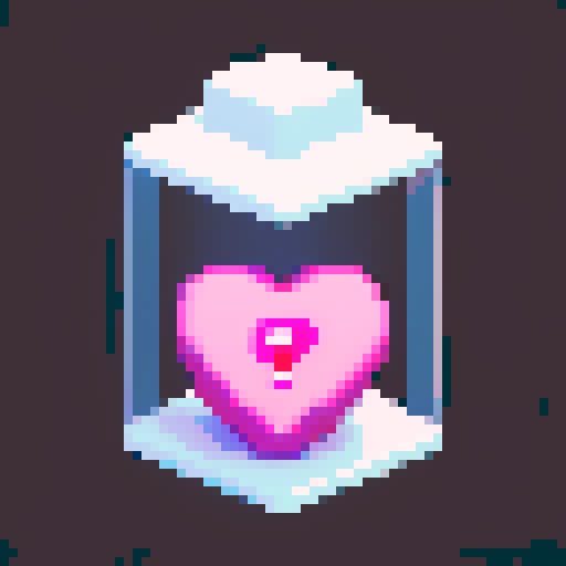 A heart container, with a question mark within it. Themed to look like a Lukcy block. Transparent background