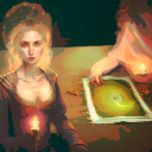 A close-up of a woman's hands over a table during a tarot card reading in a medieval dark style. The table is adorned with elements of the ocean such as sea shells, sand, and small pieces of coral. The atmosphere is mystical and dimly lit, with candlelight casting shadows that enhance the eerie and magical mood. The woman's hands are gracefully poised over the cards, which also have oceanic designs like waves and mermaids.