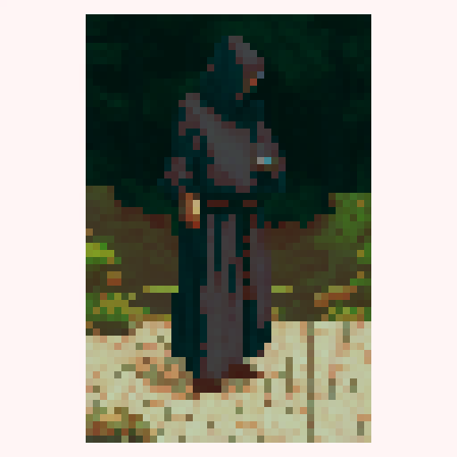 Pixel monk with razor-sharp daggers, dressed in a black hooded robe, standing atop a misty mountain peak 