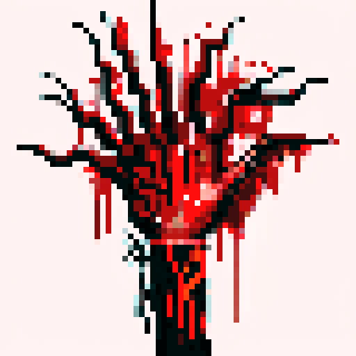 bloody, severed limb, gruesome, red splatters, pixelated, horror, gory detail, low resolution, violence, dark shadows, intense, macabre, graphic, distorted, sRGB colors, textured, unsettling, horror game, pixel art style