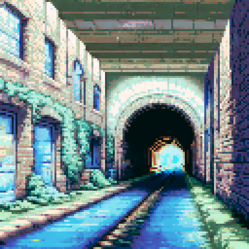 tunnel, dreamlike, liminal, cracked stone, moss, train tracks, lights