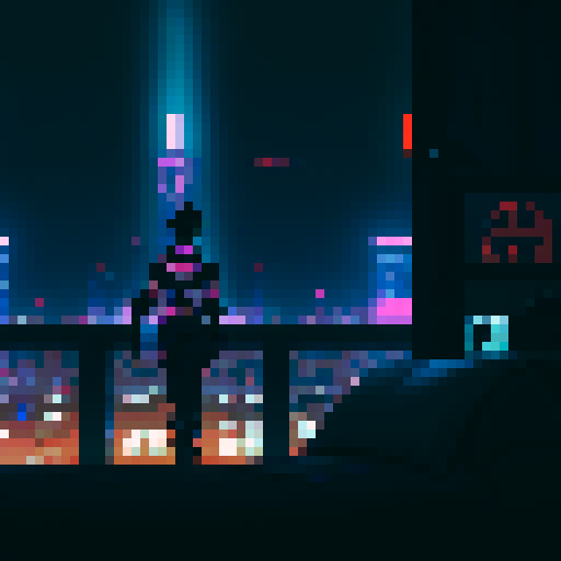 Futuristic cyberpunk city from the view of a cozy apartment and a silhouette of a black cat