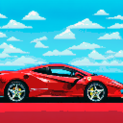 Photorealistic, centered Ferrari F8 in a three quarter view, right wheel in front, clean background, pixel art style with sRGB colors