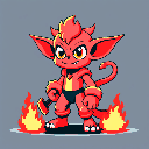 A fire imp. furry and gremlin-like. on a grey background