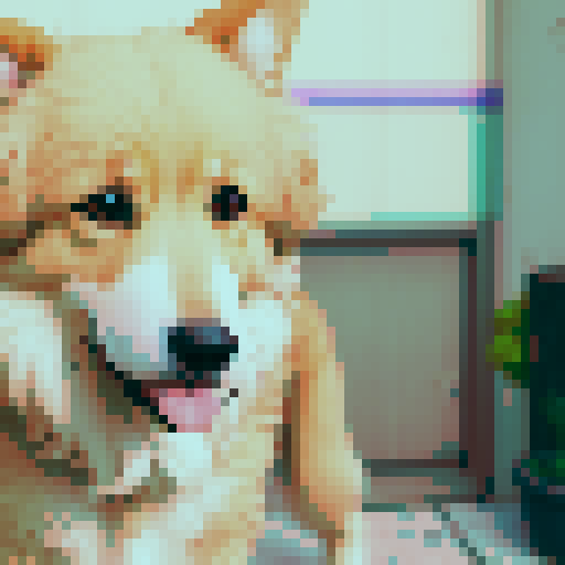 a medium-sized dog with fluffy fur. The dog has a bright, shaggy golden coat with black patches on its back and ears. Its ears are medium length, slightly floppy, and the tail is bushy. The dog's eyes are warm and brown, and it has a joyful, open-mouthed expression, showing a pink tongue. The pixel art should capture the dog's playful and friendly demeanor, with a slight tilt of its head, adding a curious aspect to its appearance. The background should be simple