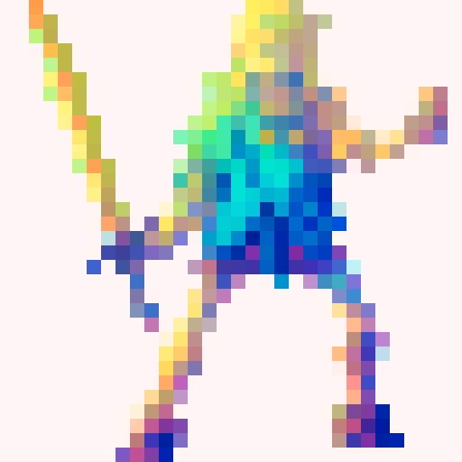 Fantasy warrior with a gleaming longsword, standing on a grassy hilltop with a vibrant sunset sky behind them, as if waiting for a battle to begin. all in pixel art style with vivid sRGB colors