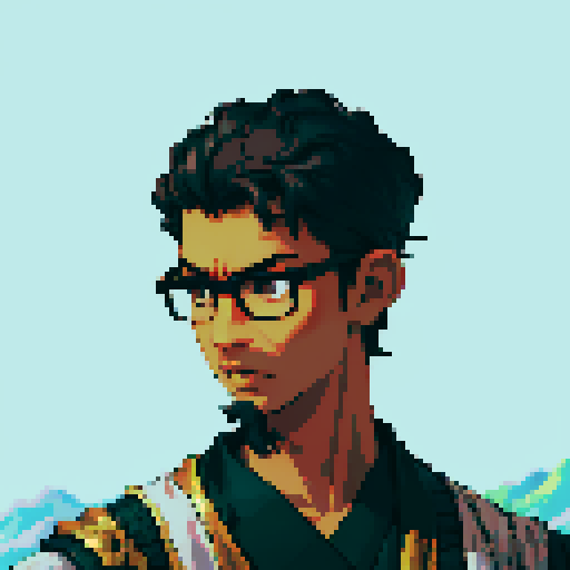 Southeast Asian man, short curly hair, round glasses, tanned, diamond shaped face, black eyes, age 25, wearing a robe