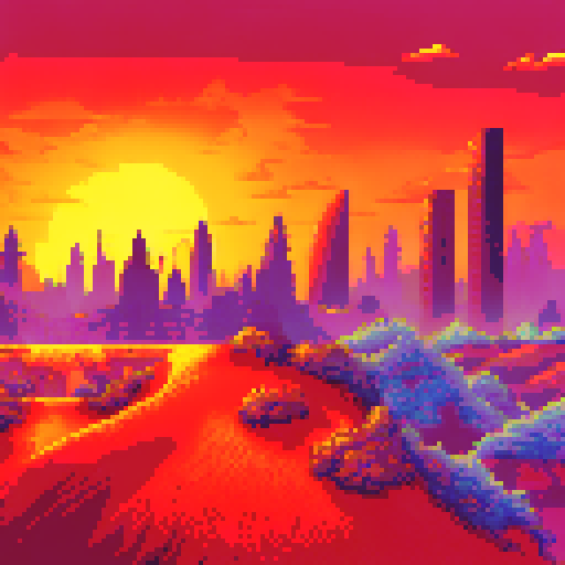 Crumbled skyscrapers jut out from a barren desert landscape, with sand dunes shifting in the foreground while a fiery red sky looms overhead, all depicted in a pixel art style with a moody sRGB color palette