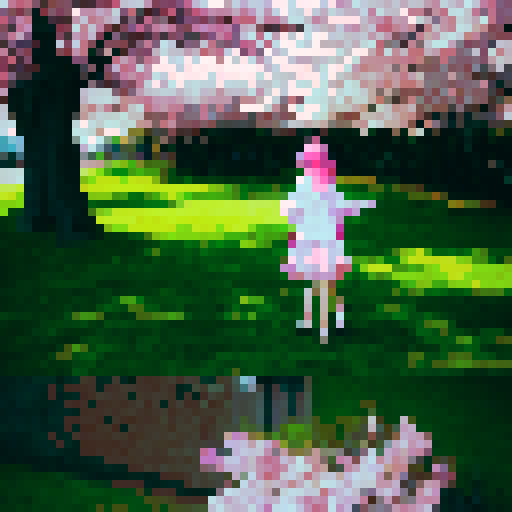 Cute teen girl with pink hair wearing a pastel outfit, standing in front of a cherry blossom tree with petals falling gently around her, holding a cat with big eyes in her arms