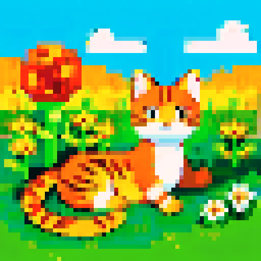 orange cat lying on the meadow, dragonfly on its head, warm summer sun, warm tones