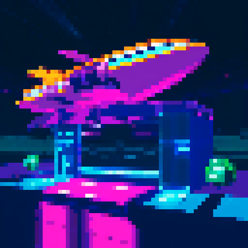 spaceship zooming, vibrant colors, retro aesthetic, blocky pixels, dynamic motion, futuristic design, glowing lights, starry background, pixelated explosions, 8-bit graphics, crisp lines, geometric shapes, low resolution, high contrast, detailed sprites, sci-fi atmosphere, neon accents, fast-paced action, arcade-inspired, sleek contours, luminous trails, retro gaming vibes, immersive experience, visually striking, nostalgic feel