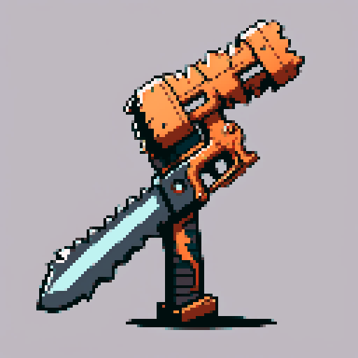 I want a copper structure reminiscent of an magical chainsaw. It should have strange mechanical details that could interlock with other pieces. I also want this object usable an asset in a videogame, meaning only one object per image, outlined with a strong black stroke, on a solid-color background.