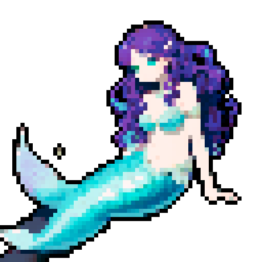Illustration of a mermaid with a mystical look. The mermaid should have long, wavy hair adorned with pearls and seaweed. Her eyes should be large and glowing, exuding a sense of mystery. She wears a crown made of shells and starfish. Her tail should be detailed with iridescent scales that shift colors in shades of blue, green, and purple. The mermaid is posed on a rock, with her tail elegantly curled beside her. The background is completely white, with no additional details, to highlight the mer