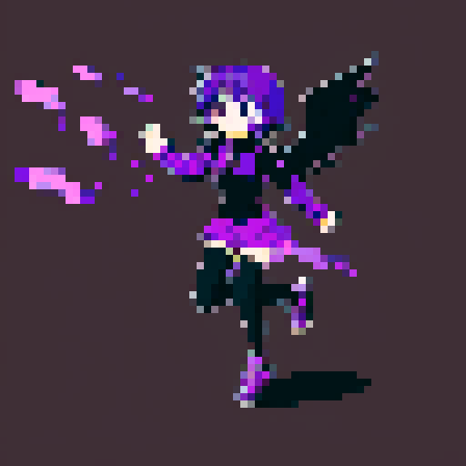 Purple Haired anime girl wearing black clothes with a black angel wing, running