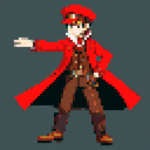steampunk young man, red coat, red hat, 2D game stance, pixel art, sRGB