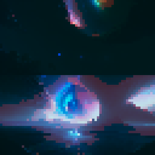 "Chromatic planet with rippling auroras, surrounded by tiny moons that spark like fireflies in the deep space abyss, rendered in a whimsical, painterly style."