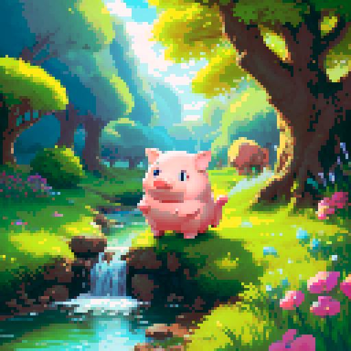 wise pig character , sitting  next to a small stream flowing through a large field, in a vibrant and detailed fantasy RPG art style