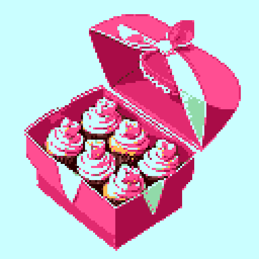 Box of Valentine's Day chocolates, specifically shaped like cupcakes with intricate details such as pink frosting and decorative toppings. Charming and romantic theme. The cupcakes within the box should exhibit a variety of delightful designs, no background, pixel art.