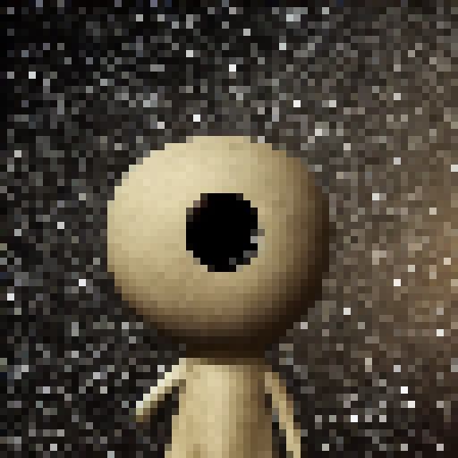 a ghost with big eyes with a camera in his hands ; stars and dust in the background