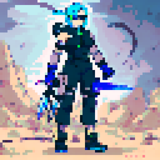 Female bounty hunter, mid-30s, athletic, 5'7", exuding strength and agility, action pose, shoulder-length Midnight Blue hair with Royal Blue streaks, Dark Slate Blue armor with Neon Cyan highlights, Steel Gray gauntlets/shin guards, Charcoal Black underlayer, gold-glowing artifact on her chest, Blue visor, Electric Blue Energy Blade, Matte Black Plasma Gun, Neon Purple belt, character portrait, close up, anime style, pixel art