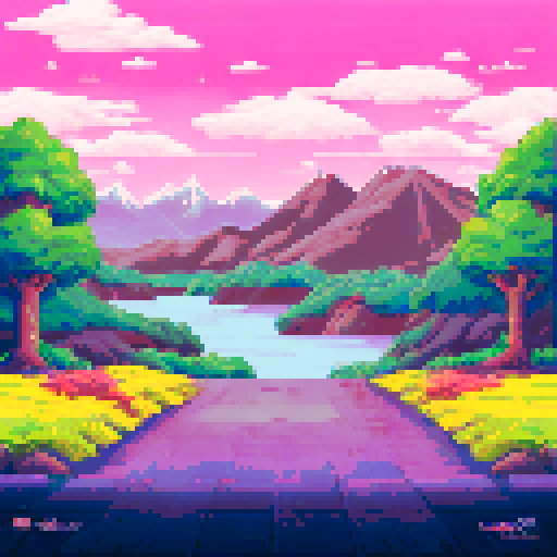 Vibrant cherry blossom tree, snow-capped mountains, rolling golden wheat fields, tranquil lakeside sunset, sRGB, pixel art, background, landscape, all in 4 squares 