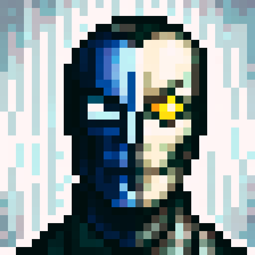 Terminator, half face robot, black and white