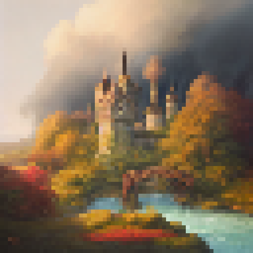 A surreal portrait of a steam-powered castle, towering over a rolling countryside with billowing smoke and gears, surrounded by a whimsical village of colorful homes and a winding river.