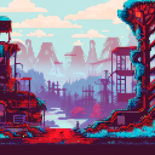 post-apocalyptic city, hidden in the woods, vibrant pixelated colors, atmospheric landscape, abandoned machinery, rusted pipes, overgrown vines, decaying buildings, shattered windows, eerie silence, nature reclaiming