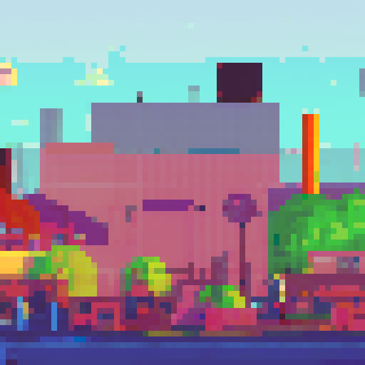 The optimistic future in the background to the right with bright colors and technology, with decaying factories in the foreground to the left with a person on the left side staring off at the future, with the back of their head to the audience.