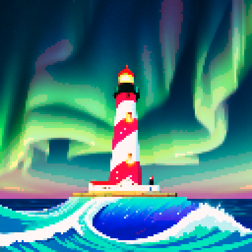 white lighthouse standing tall, vibrant aurora dancing in the sky, sparkling sea waves