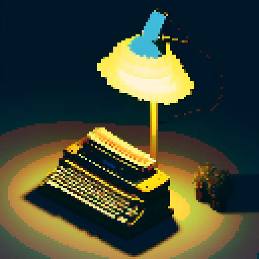 person with glasses, typing on a vintage typewriter, surrounded by stacks of colorful paper, under the warm glow of a desk lamp