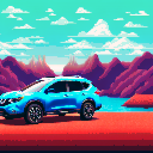 Photorealistic whole Nissan Rogue, three-quarter view, right front wheel, clean background, sRGB colors, pixel art style
