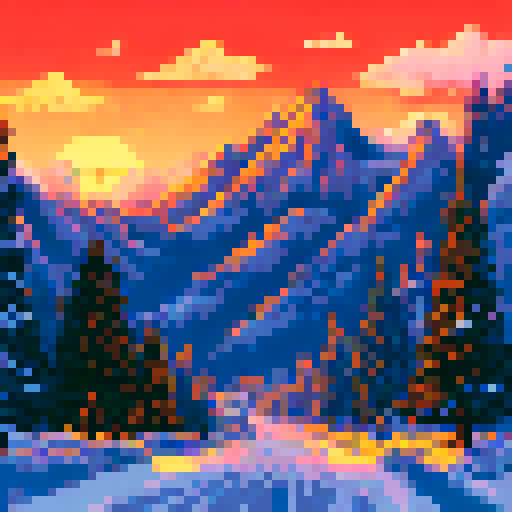 Create a serene image of snowy mountain peaks, pine trees, and a sunset blending warm and cool tones. Capture the peaceful ambiance of a winter evening.