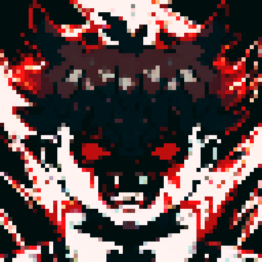Demon, fiery red eyes, sharp fangs, dark horns, menacing grin, flowing black hair, intricate tattoos, intense gaze, close-up, anime style, pixel art