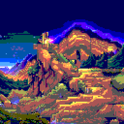 cliff in a dense green wood at night, stars shining, wolf pack