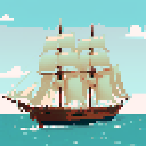 British frigate circa 1800 with a dark oak wooden hull, 14 gun ports, cream-white canvas sails on three tall masts Golden-brown stern carvings, reddish-copper bottom plating, turquoise Mediterranean waters. Weathered gray ropes and rigging under warm morning light, character portrait, close up, anime style, pixel art.