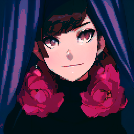 A brown-haired girl with brown eyes smiles as she stands amid blue curtains in a black dress and floating cherry blossom petals