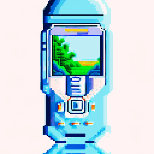 Nokia 3310 front view in a retro sRGB pixel art style with a vibrant blue background and a serene landscape