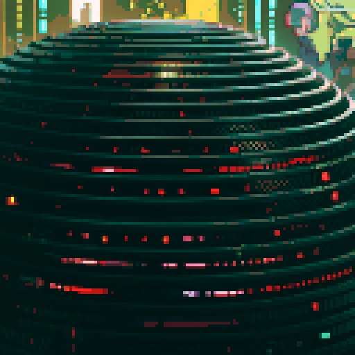 robot ai, futuristic, metallic, glowing, neon colors, grid pattern, low resolution, retro, 8-bit, dithering, vibrant, pixelated