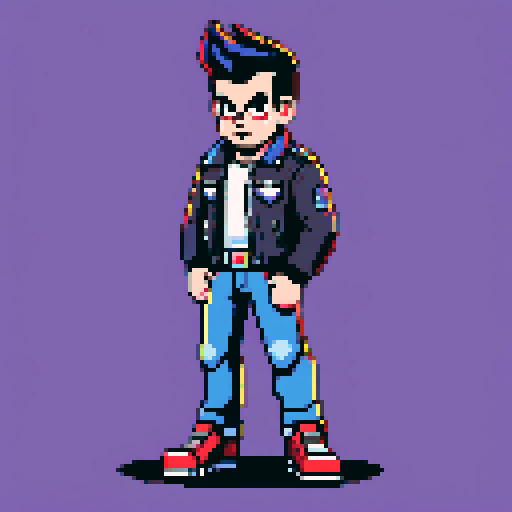 Muscular, tough greaser man with a pompadour hairstyle, wearing a motorcycle jacket, pixel art, sRGB colors, portrait, face avatar