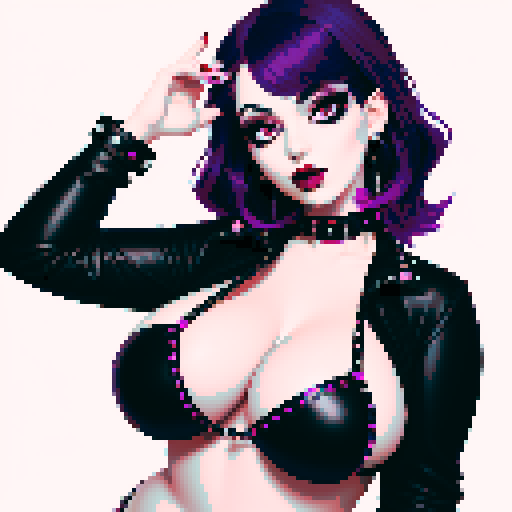 Curvy, busty goth girl, with purple hair, black eyeshadow and red lipstick. wearing bikini and studded collar, sexy seductive glamour shot, vibrant srgb colors, edgy aesthetic