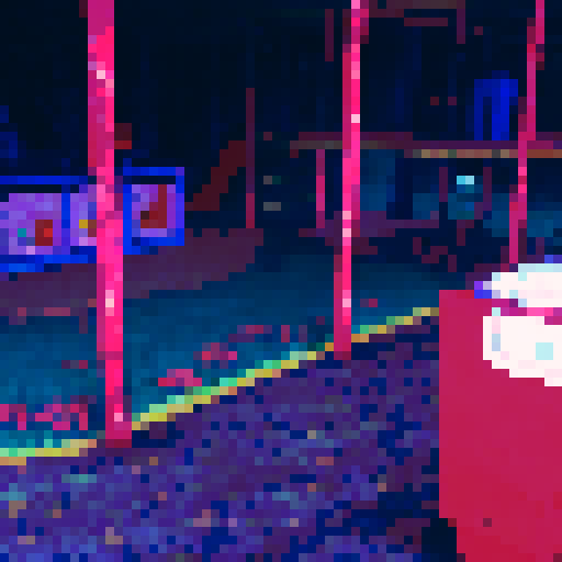 horror pixel art background inside of indoor kids playground with good toys and darkness in the corner of the room