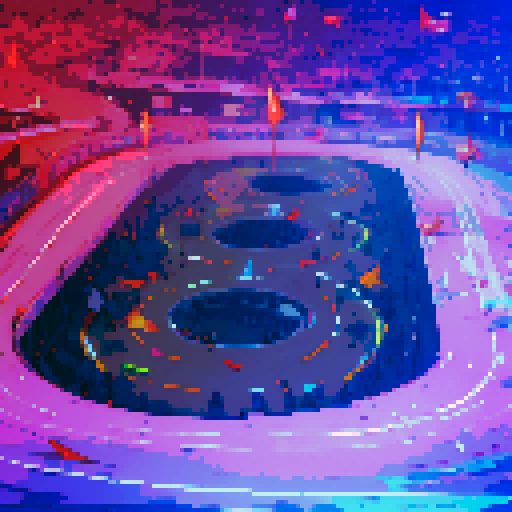 Racing cars zooming around a vibrant, pixelated racetrack, with colorful flags waving and spectators cheering