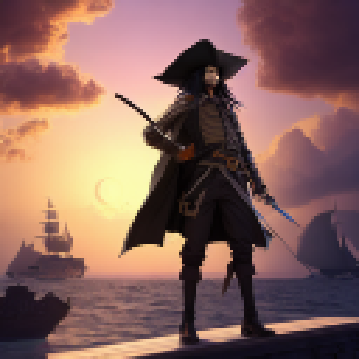 Black-haired pirate with a straw hat and katana, as if straight from a manga, sets sail on a fantasy RPG adventure.