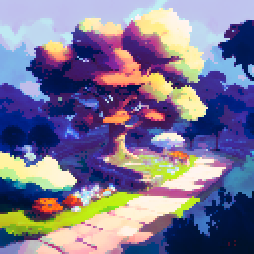 gigantic towering oak tree viewed from afar, nighttime setting, vast black sky with white stars, nostalgic feel, sega genesis style