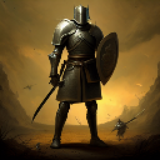knight with discipline and honor standing surrounded by enemies but still standing his ground bleeding determined